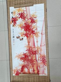 著名国画大师杜金德红竹报平安136*68厘米收藏品国画竹子国画中堂