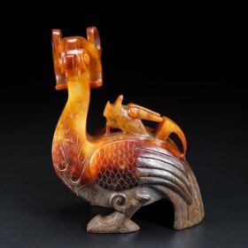 精品和田玉，龙凤摆件，玉质细腻，包浆厚重，沁色入骨，雕工精细，局部带有红沁，品相完美，细节如图，长9宽5高12厘米，重391克，