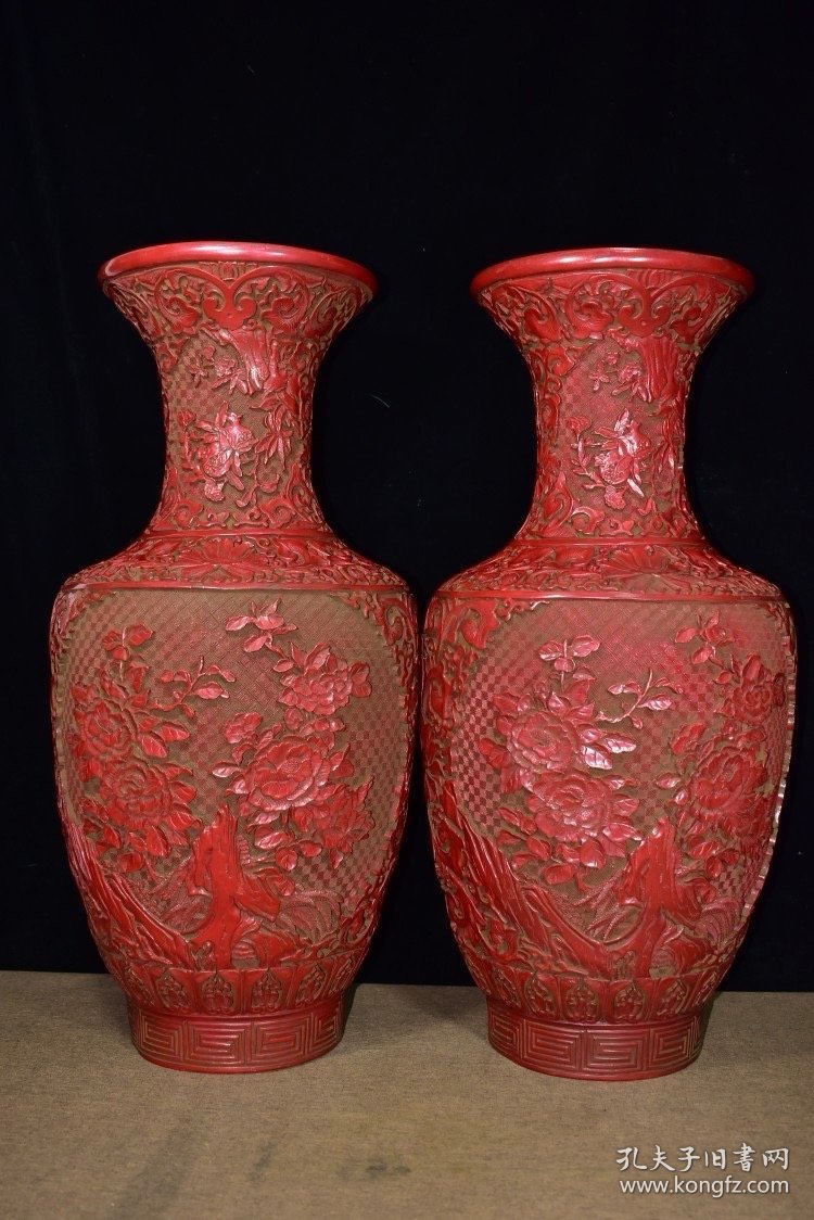 剔红雕漆漆器花瓶一对 尺寸2860厘米 重13.1公斤