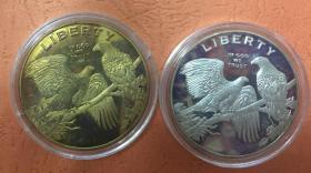 外国钱币硬币纪念章类：美国白头海雕镀金、镀银纪念币（直径40mm）一套2枚