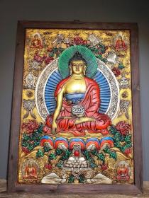 旧藏木框彩绘唐卡 释迦牟尼佛
高76厘米长56厘米厚3.5厘米，重5300克