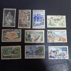 Fr01外国邮票法国60年代旅游风光题材 散票 信销 10枚 雕刻版 邮戳随机