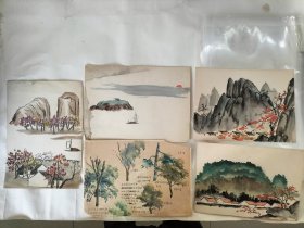 约上世纪五六十年代水彩画5张，作者不详，纸本手绘，画工精湛，尺寸25x18厘米，包老包手绘（有两页背面也画了）