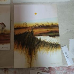 F0337外国明信片一组 4枚 风景绘画落日 背后有介绍 品相如图 有折