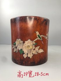花梨木镶嵌贝壳笔筒