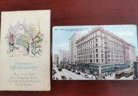 1930年代，美国洛杉矶春天大街电车、花园小院风景明信片两种(190604)