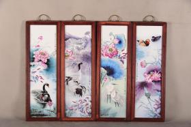 红木镶粉彩花鸟瓷板画挂屏一组！y