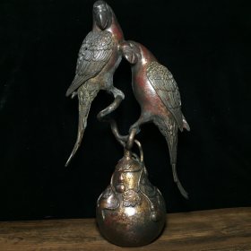 旧藏纯铜泥金朱砂彩鹦鹉葫芦鸟摆件 尺寸：高34.5cm，长19cm，宽10cm 重量：2905克