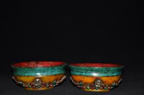 西藏镶嵌红松绿松宝石蜜蜡碗摆件