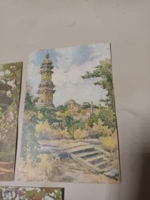 五十年代关广志作的三张画片(天坛、茶社、琉璃塔) 合售