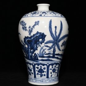 明青花蕉叶竹石纹梅瓶，高36cm直径23cm