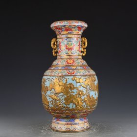 清乾隆珐琅彩雕刻莲池鸳鸯纹双耳瓶 古玩古董古瓷器老货收藏43×24厘米7500