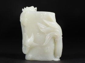 旧藏 和田玉高浮雕龙凤纹笔筒