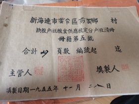 1955年新海连市（连云港市）云台区前云乡缺粮户粮户供应核定户