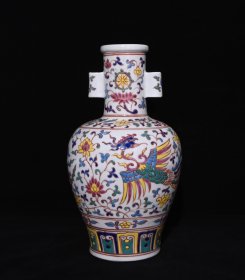 旧藏 明宣德五彩穿花凤纹贯耳瓶 高30.5×18厘米