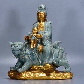 汝窑鎏金童子坐狮观音35*30厘米