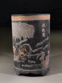 徽州老墨放牧垂钓笔筒墨，重约870g，15×9.7×9.7cm