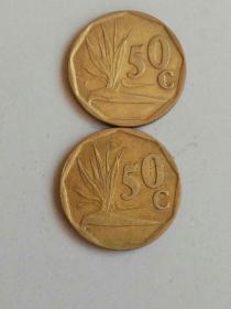收藏品   外国钱币硬币铜币   南非50分两枚    实物照片品相如图