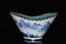 紫铜胎景泰蓝珐琅彩青花山水元宝碗 重约262克
