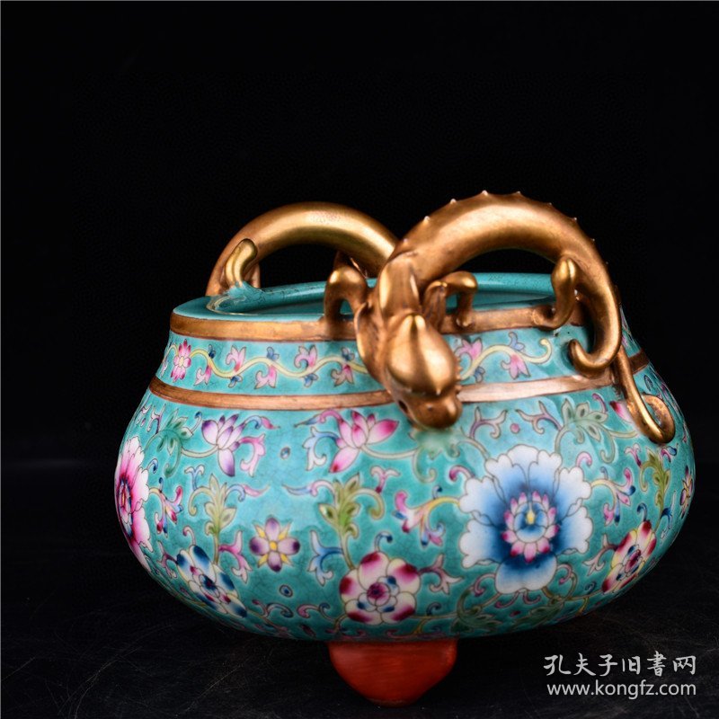 清雍正本金珐琅彩缠枝花卉纹三足双龙耳香炉古董古玩古瓷器规格