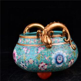 清雍正本金珐琅彩缠枝花卉纹三足双龙耳香炉古董古玩古瓷器规格
