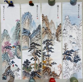 山水画，春夏秋冬，山水画四条屏，余惠敏老师的纯手绘作品。假一赔万，支持第三方鉴定，余老师现为浙江省美协会员，复旦老年大学国画花鸟班讲师，老师的山水画很有意境，皴法点染，笔墨浓淡干湿焦，行云流水。尺寸为1.38米×34公分的，四尺对开的山水四条屏，家里客厅，沙发背景墙，玄关，卧室，茶室，书房，办公室都可悬挂，闭眼入，三分画七分裱，非常漂亮的一套四条屏。