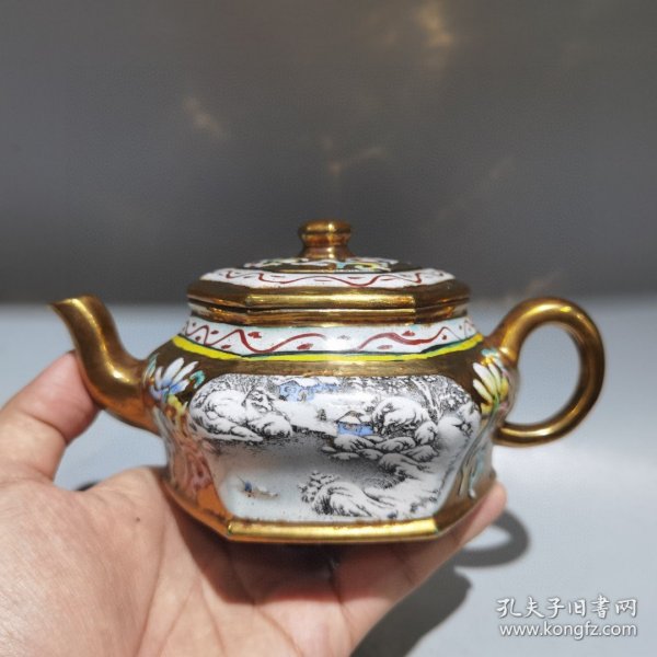 旧藏紫砂壶描金六方彩绘壶中国宜兴精工班