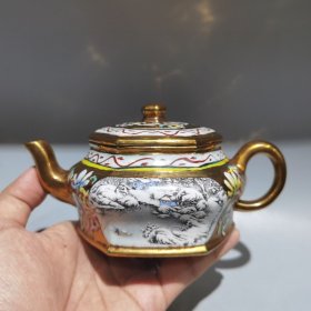 旧藏紫砂壶描金六方彩绘壶中国宜兴精工班