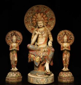 （议价） 唐代汉白玉彩绘大观音一套主尊高150cm宽60cm厚53cm协侍菩萨高1米最大直径35cm