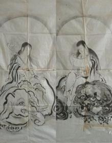 清末民国，佛画，文殊菩萨、普贤菩萨，软片，有折痕，每幅尺寸11063。两幅一起价格。