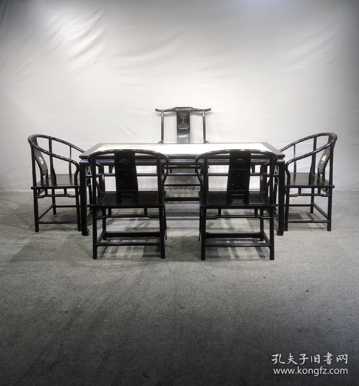 紫檀镶云石茶桌六件套