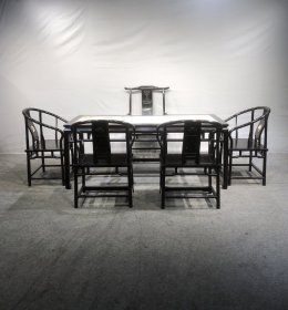 紫檀镶云石茶桌六件套