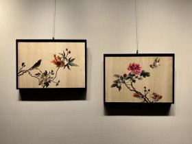清代花鸟粤绣《双喜临门》，单幅尺寸50×35厘米。