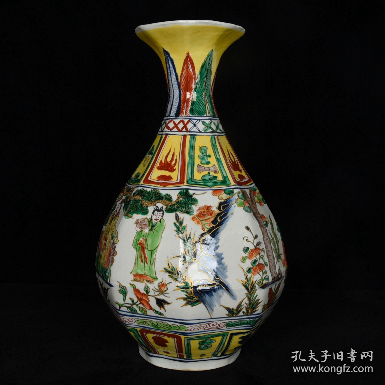 元张文进造古相博陵第款五彩描金三顾茅庐人物故事纹八棱玉壶春瓶 高45cm 直径27cm