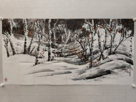 著名冰雪画家，高成山四尺整纸冰雪山水画67*137cm《丰年好大雪》，软片。高成山，著名冰雪画家，于志学先生入室弟子，牡丹江市书画院原院长。中国牡丹江冰雪画院院长、中国冰雪画研究会理事、中国书法家协会会员、黑龙江省美术家协会会员、黑龙江省作家协会会员、牡丹江市作家协会副主席、牡丹江市美术家协会名誉主席。（保真书画）