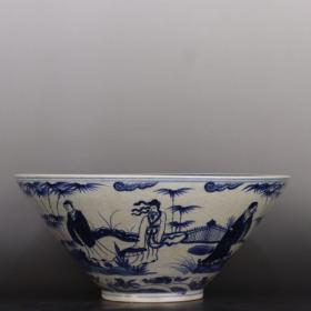 青花八仙人物纹斗笠碗