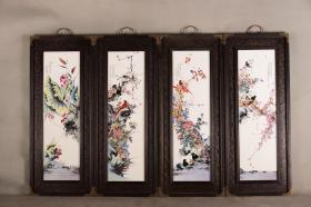 红木包铜皮框镶粉彩花鸟瓷板画挂屏一组*