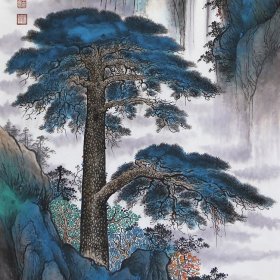 迎客松R8589A竖版手绘名家山水画，中堂彩墨国画，（山水画专用宣纸）办公室、公司、会议室，玄关，门口走廊等墙面挂画。