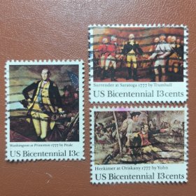 USA405美国1977年 建国200周年.绘画.历史事件 《伯戈因将军投降》奥里斯卡尼战役 总统华盛顿 外国邮票 信销 3全 邮戳随机
