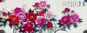 花开富贵，牡丹，写意画法，皴法点染，真人真迹纯手绘作品，假一赔万，终身保真，山东省美协赵春英老师的原创大作，老师的牡丹画的不亚于中美协老师，实际画的比照片拍出来要漂亮的多，照相光线不好，笔法苍劲有力，花瓣画的很逼真，行云流水。1.8米×70的，小六尺的，家里客厅，餐厅，卧室，书房都可悬挂，非常合适，非常大气，家中有字画，必是富贵家，要想人前显贵，必得花开富贵，闭眼入，真的特别好看。