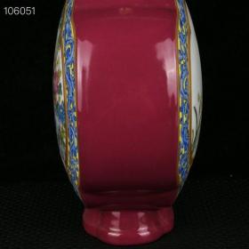 清乾隆胭脂红秞开光珐琅彩描金安居落业纹双耳扁瓶