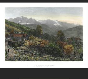 1884年手工上色钢版画装山间美景