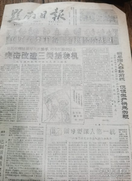 《黔南日报》【瓮安县雍阳人民公社红旗生产队照片；（三都县丰乐公社）鼠场管理区领导和机插手、巧木匠紧密结合突击改造三类插秧机：（罗甸县）通州公社已制插秧机全部合格；要部部插秧机质量好功效高，（长顺县）猫营公社积极赶制各种配件和修理工具；都匀市各姐妹机组插秧达三会】