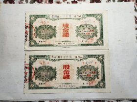 股金证，1953年。二连号。