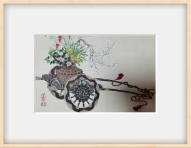 竹下金乌*《花车》*纯手摺套色木版画*内田版。大判尺寸，画芯38*25左右，品相较好，四角有粘贴痕迹。年代似昭和早期。