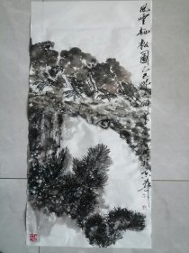 手绘国画风雪栖松图