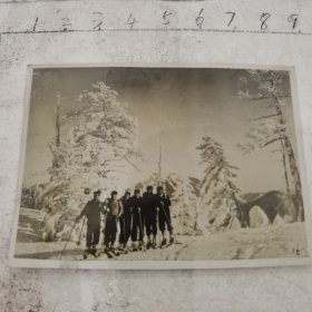 老照片：民国或解放初期六青年滑雪合影照：雪山，装备齐全