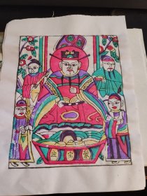 山东曹州木版年画“聚宝盆”五色套印增福财神