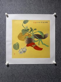 管仁余画家三尺斗方绢本丝绸蔬菜瓜果草虫花鸟工笔国画作品茄子南瓜画仿古画餐厅画
