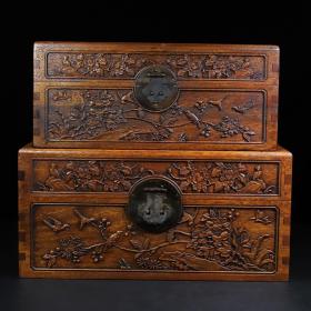 花梨木雕刻子母套盒一套，大盒长45厘米宽26厘米高22厘米，小盒长38厘米宽20厘米高14厘米